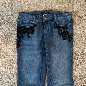 Vintage White House Black Market Dark Blue Boot Leg  Jeans with Black Embroidery